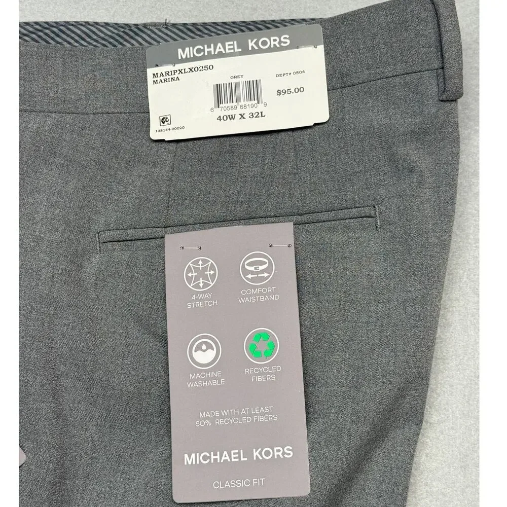 Michael Kors Men's Pleated Solid Classic Fit Pants Grey 40x32 $98